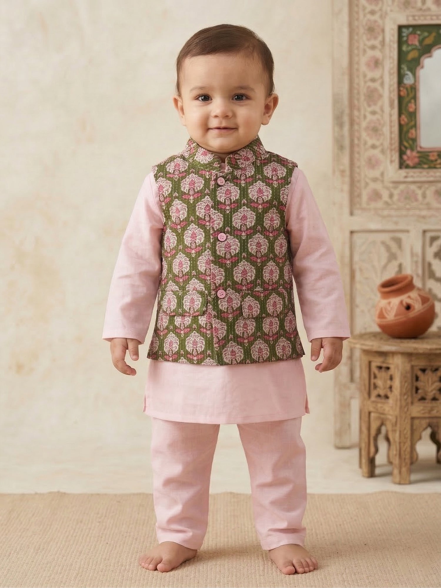 Pspeaches Baby Boy Pink Ethnic Solid Straight Fit Cotton Kurta & Pyjamas With Green Dobby Jacket (Sku-Inb-Kp-Pinkgreendobby)