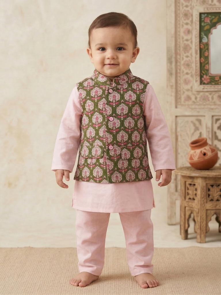 Pspeaches Baby Boy Pink Ethnic Solid Straight Fit Cotton Kurta & Pyjamas With Green Dobby Jacket (Sku-Inb-Kp-Pinkgreendobby)