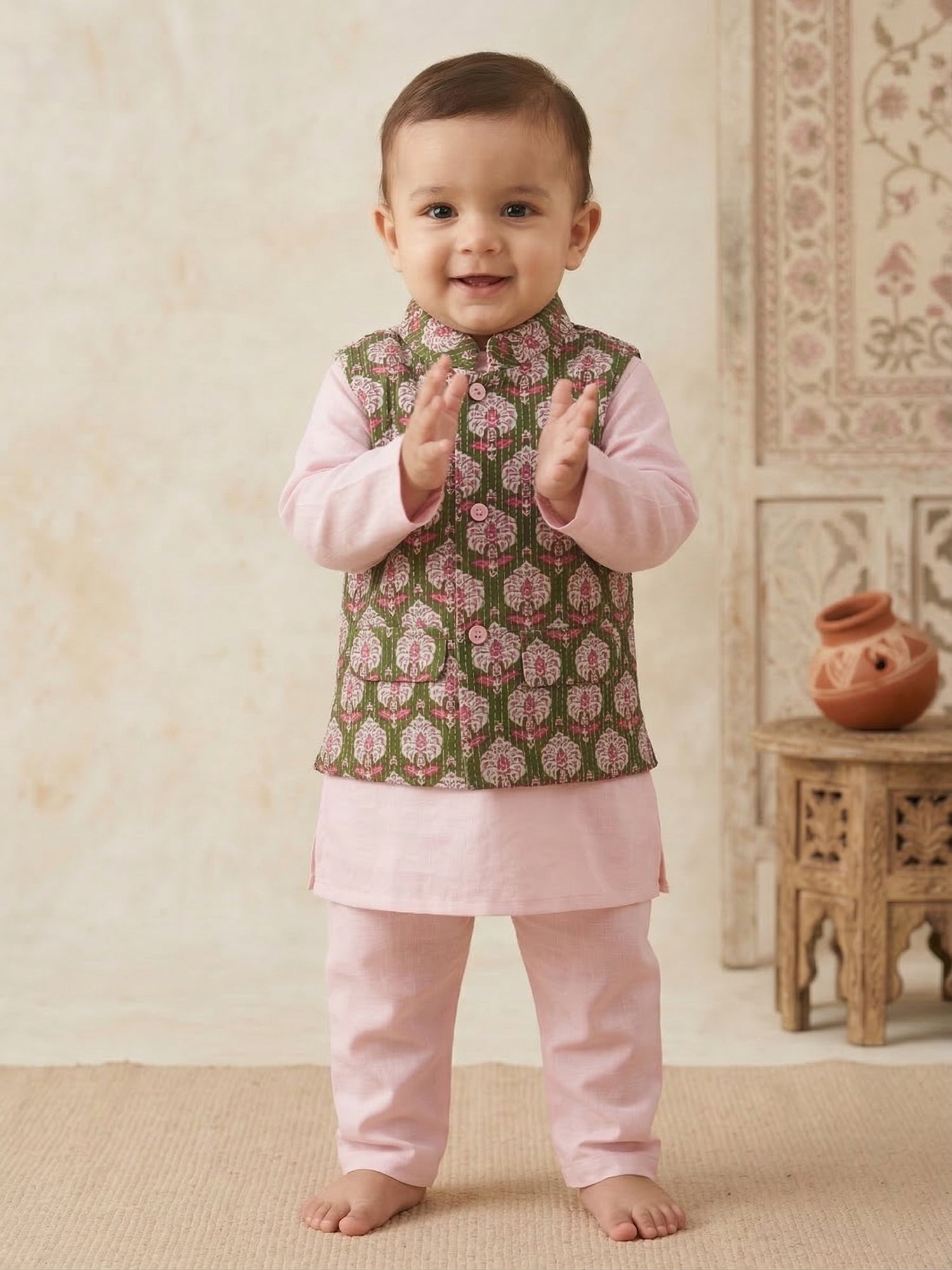 Pspeaches Baby Boy Pink Ethnic Solid Straight Fit Cotton Kurta & Pyjamas With Green Dobby Jacket (Sku-Inb-Kp-Pinkgreendobby)