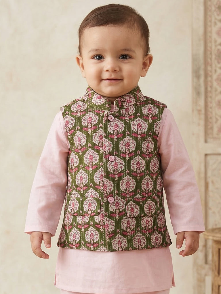 Pspeaches Baby Boy Pink Ethnic Solid Straight Fit Cotton Kurta & Pyjamas With Green Dobby Jacket (Sku-Inb-Kp-Pinkgreendobby)