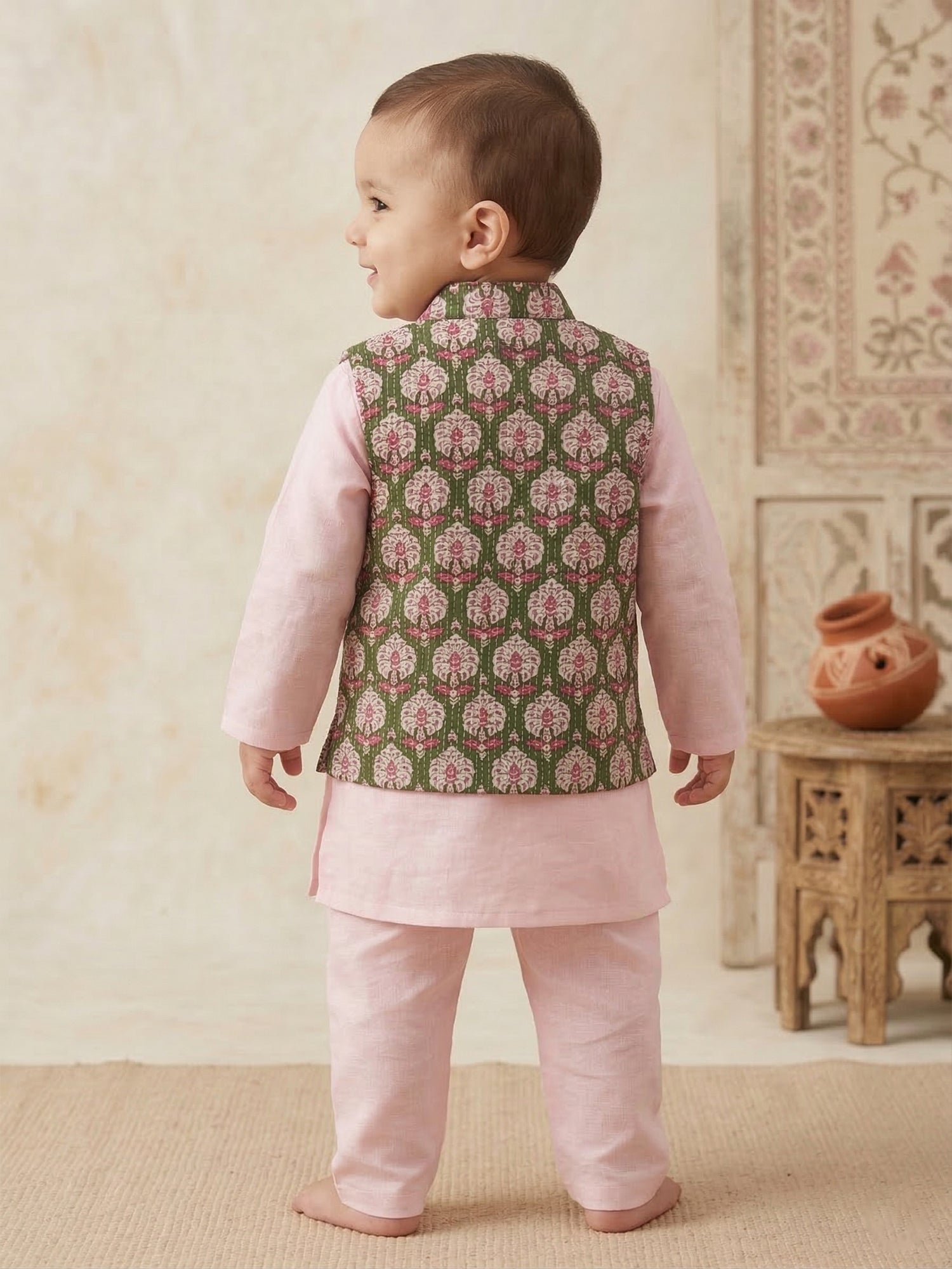 Pspeaches Baby Boy Pink Ethnic Solid Straight Fit Cotton Kurta & Pyjamas With Green Dobby Jacket (Sku-Inb-Kp-Pinkgreendobby)