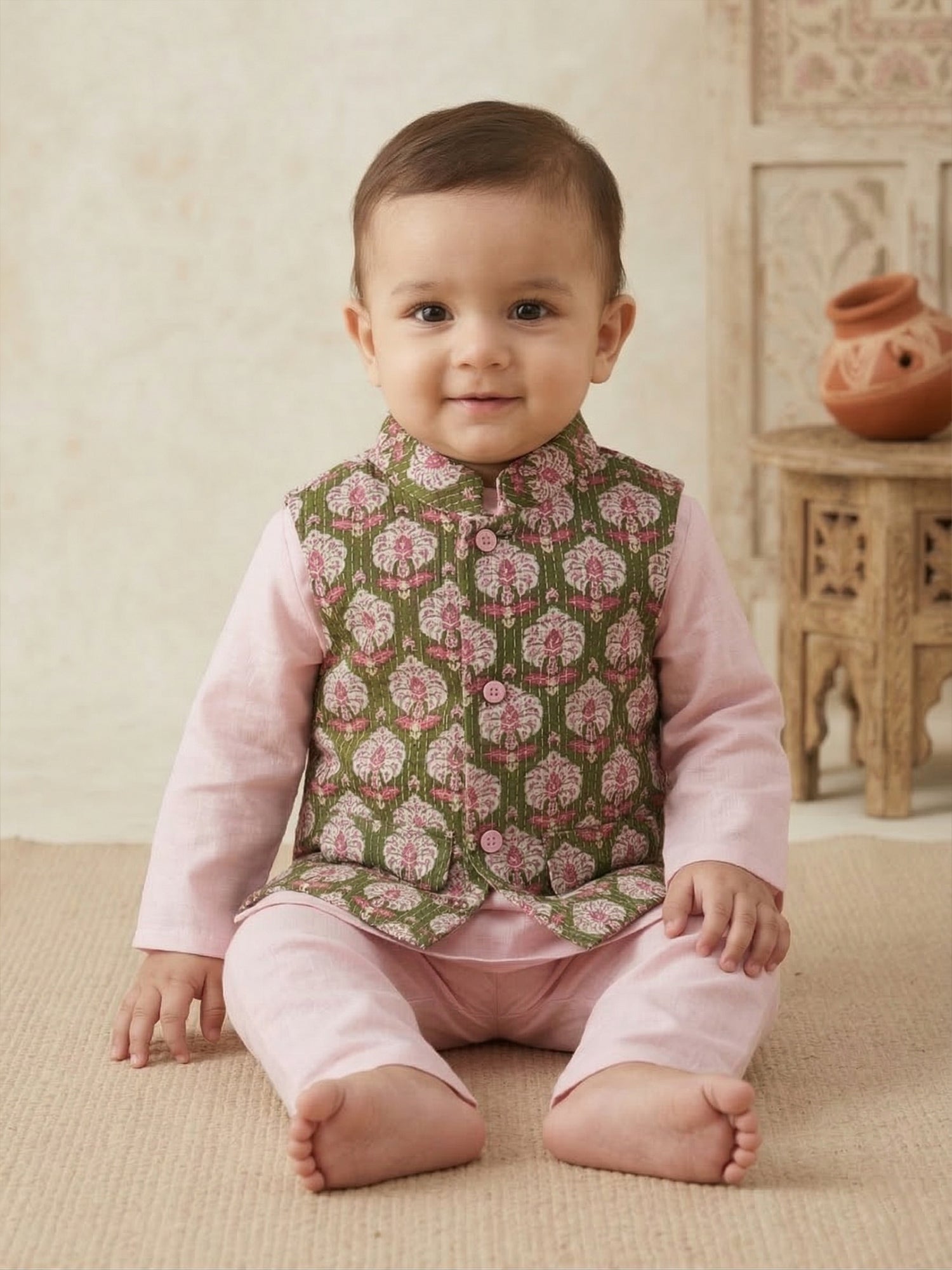 Pspeaches Baby Boy Pink Ethnic Solid Straight Fit Cotton Kurta & Pyjamas With Green Dobby Jacket (Sku-Inb-Kp-Pinkgreendobby)