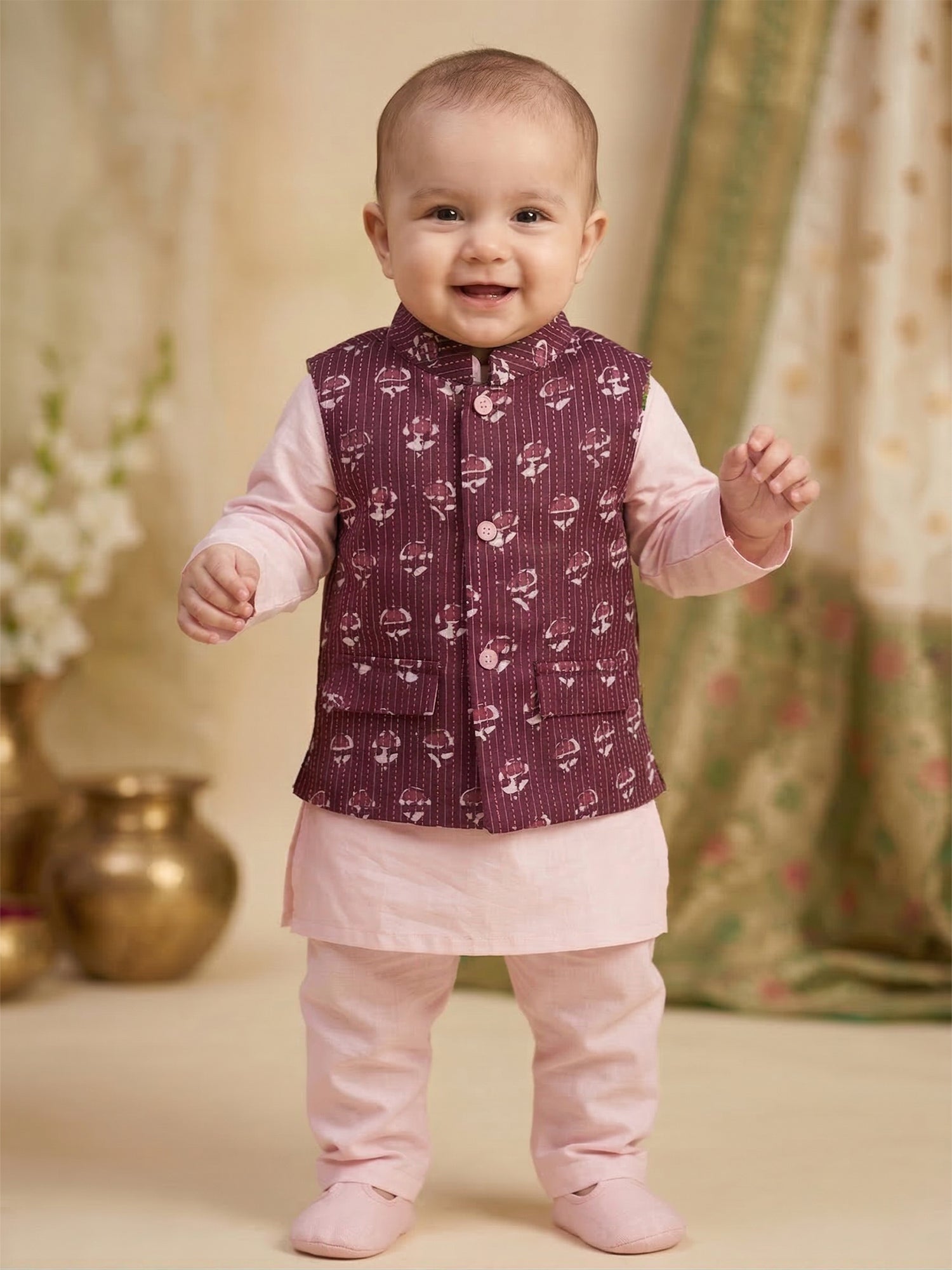 Pspeaches Baby Boy Pink Ethnic Solid Straight Fit Cotton Kurta & Pyjamas With Wine Dobby Jacket (Sku-Inb-Kp-Pinkwinedobby)