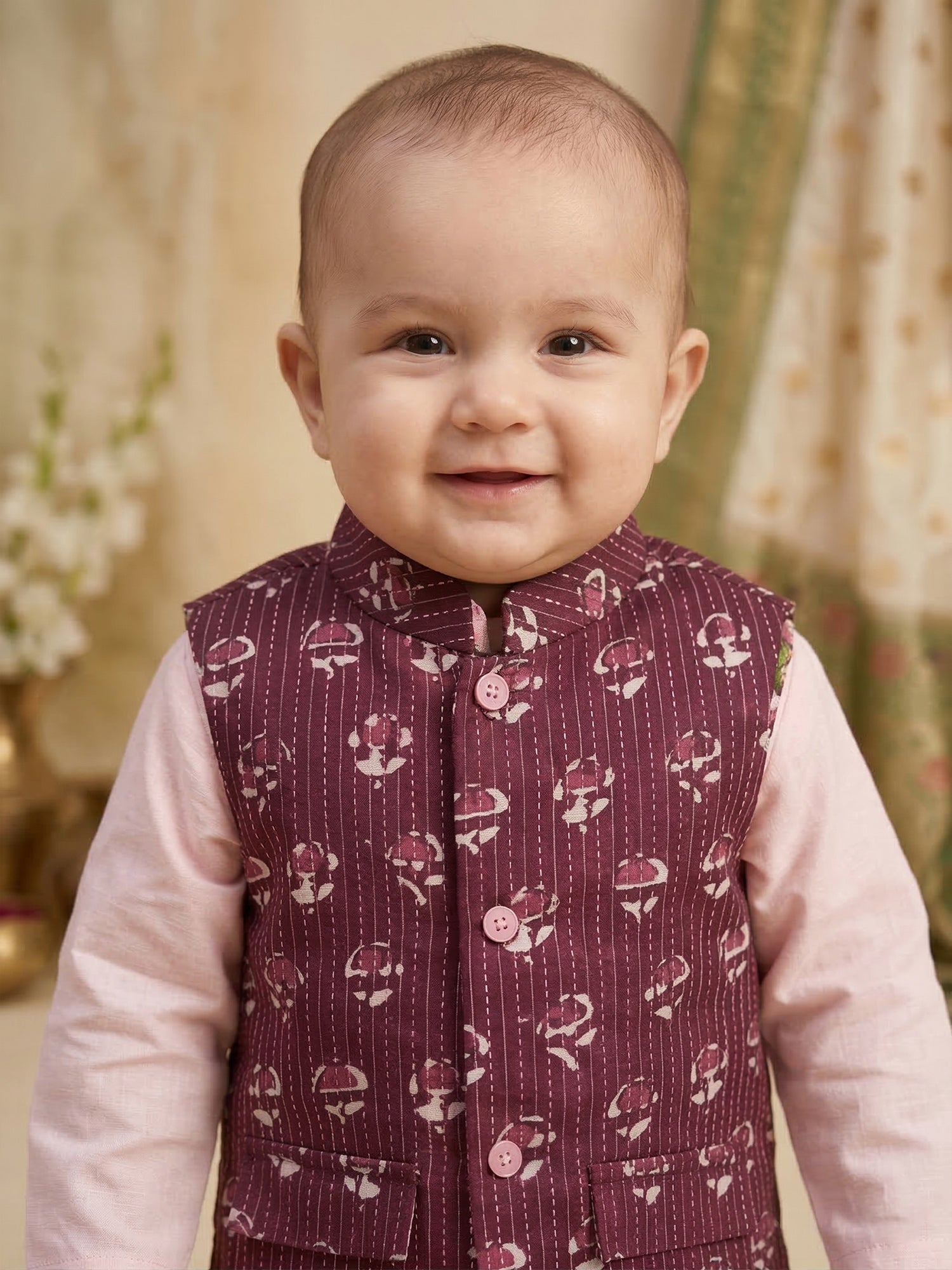 Pspeaches Baby Boy Pink Ethnic Solid Straight Fit Cotton Kurta & Pyjamas With Wine Dobby Jacket (Sku-Inb-Kp-Pinkwinedobby)