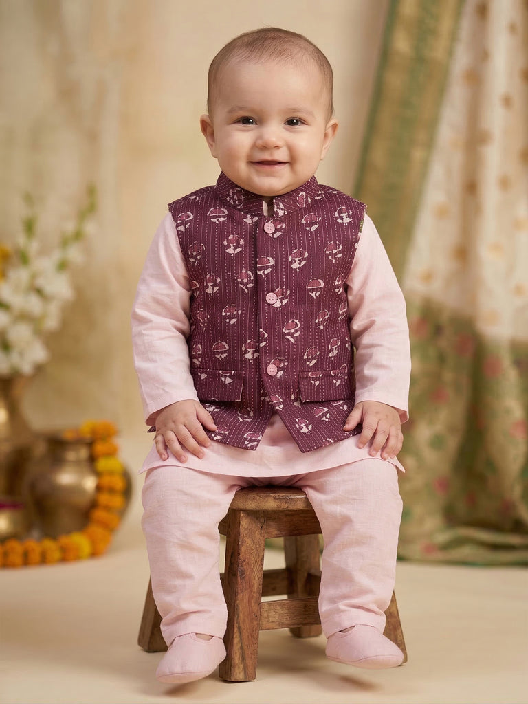 Pspeaches Baby Boy Pink Ethnic Solid Straight Fit Cotton Kurta & Pyjamas With Wine Dobby Jacket (Sku-Inb-Kp-Pinkwinedobby)