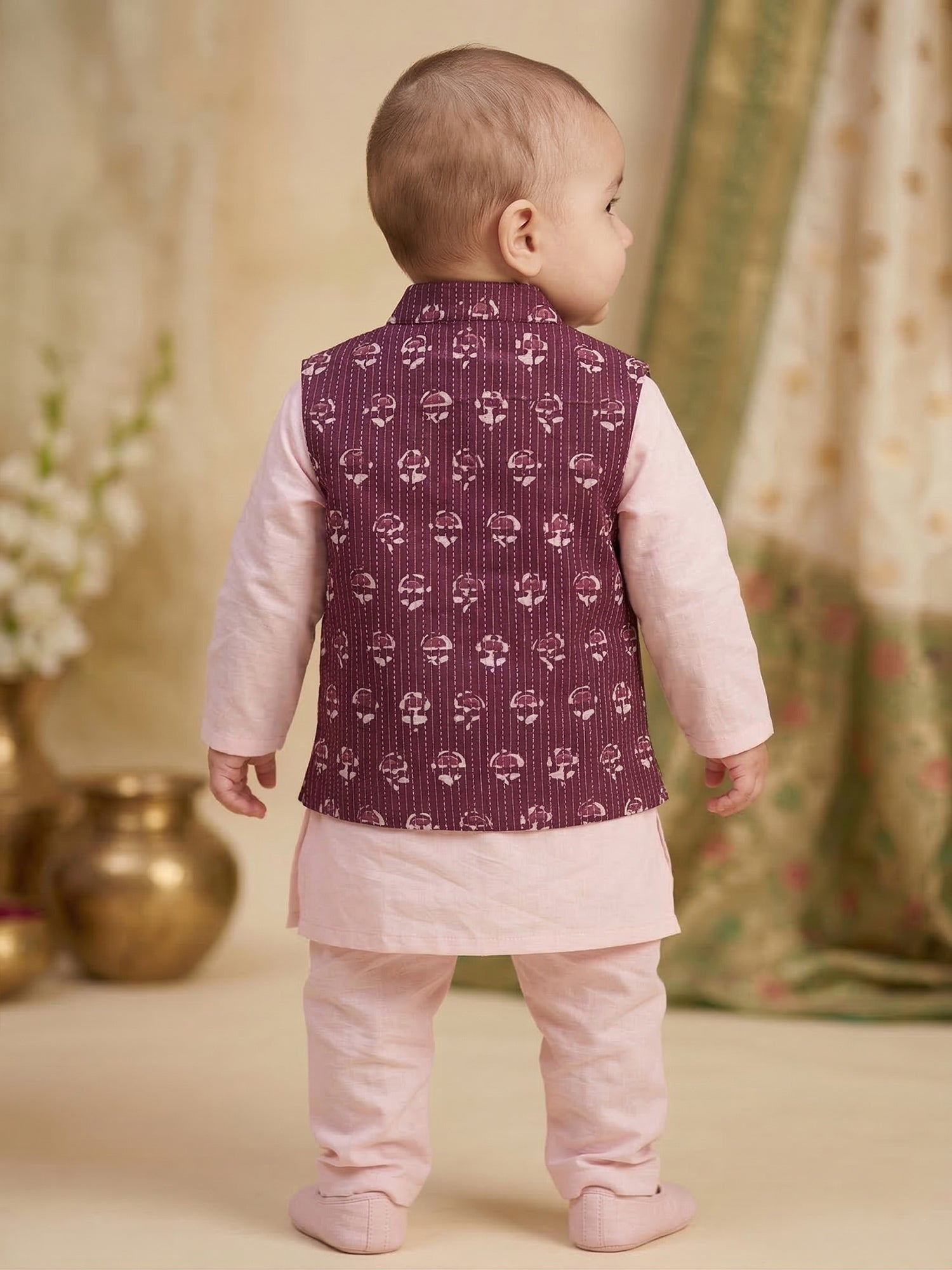 Pspeaches Baby Boy Pink Ethnic Solid Straight Fit Cotton Kurta & Pyjamas With Wine Dobby Jacket (Sku-Inb-Kp-Pinkwinedobby)