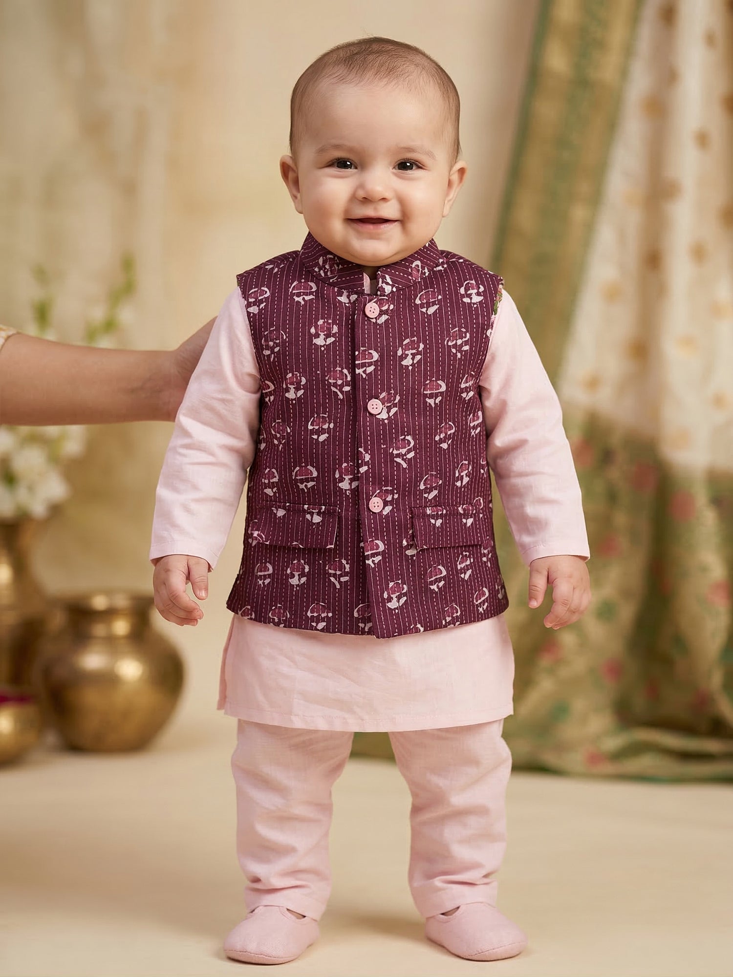 Pspeaches Baby Boy Pink Ethnic Solid Straight Fit Cotton Kurta & Pyjamas With Wine Dobby Jacket (Sku-Inb-Kp-Pinkwinedobby)