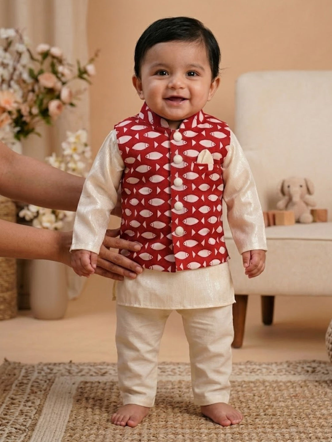 Pspeaches Baby Boy Off-White Ethnic Printed Cotton Lurex Straight Fit Kurta & Pyjama With Jacket