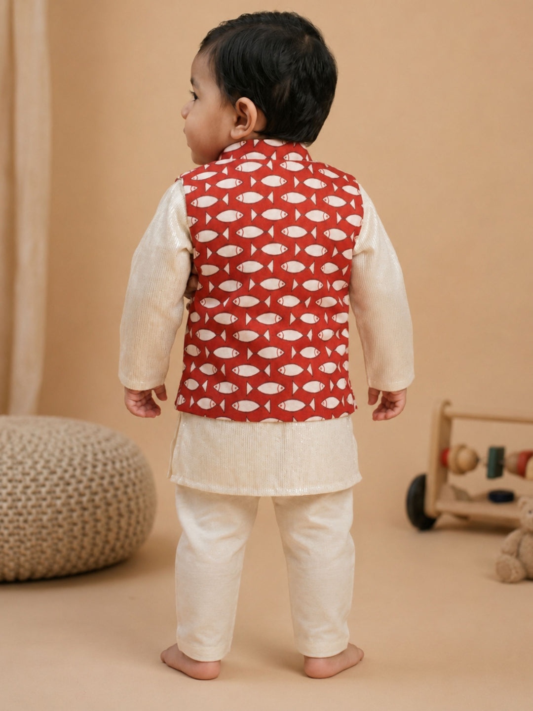 Pspeaches Baby Boy Off-White Ethnic Printed Cotton Lurex Straight Fit Kurta & Pyjama With Jacket