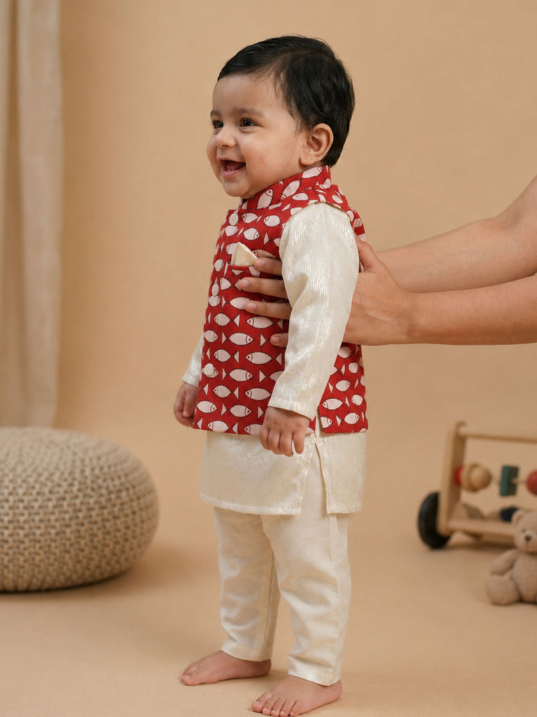 Pspeaches Baby Boy Off-White Ethnic Printed Cotton Lurex Straight Fit Kurta & Pyjama With Jacket