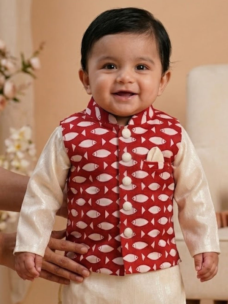 Pspeaches Baby Boy Off-White Ethnic Printed Cotton Lurex Straight Fit Kurta & Pyjama With Jacket