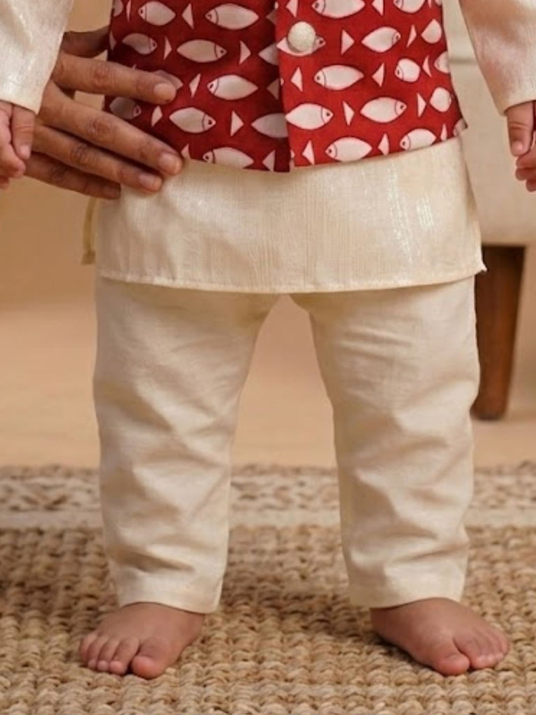 Pspeaches Baby Boy Off-White Ethnic Printed Cotton Lurex Straight Fit Kurta & Pyjama With Jacket