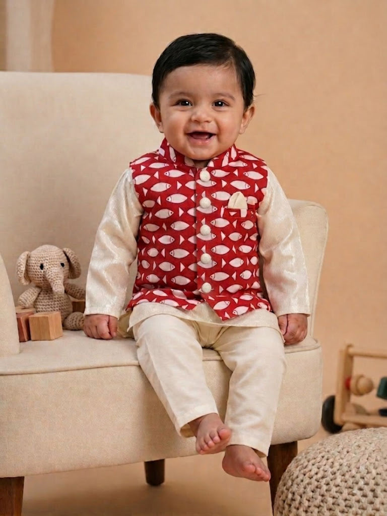 Pspeaches Baby Boy Off-White Ethnic Printed Cotton Lurex Straight Fit Kurta & Pyjama With Jacket