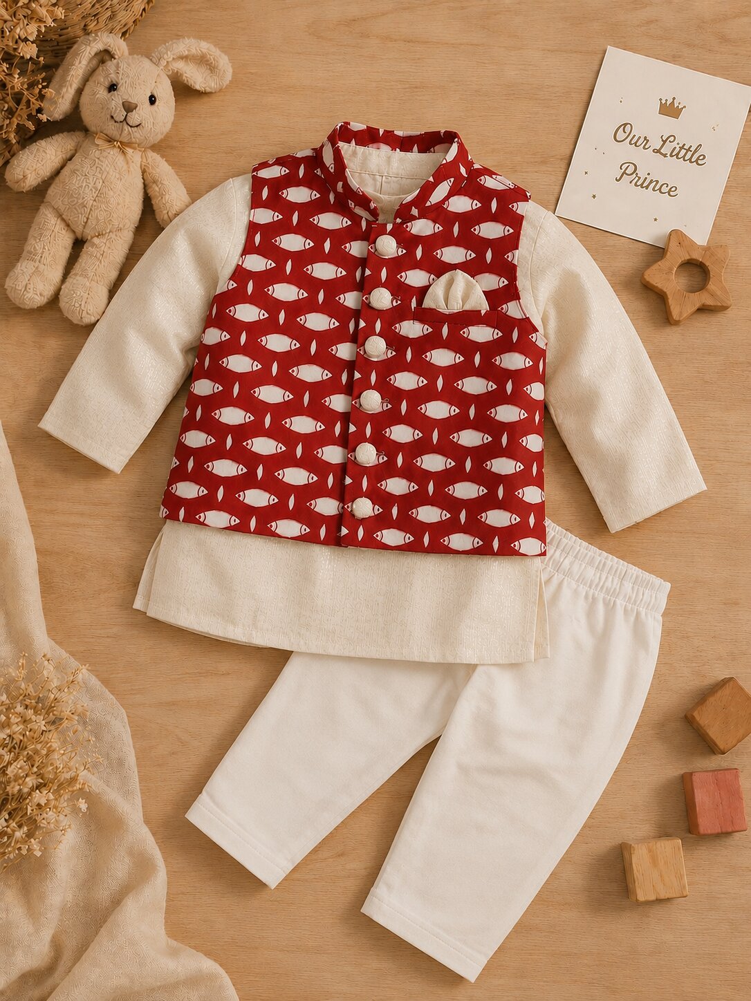 Pspeaches Baby Boy Off-White Ethnic Printed Cotton Lurex Straight Fit Kurta & Pyjama With Jacket