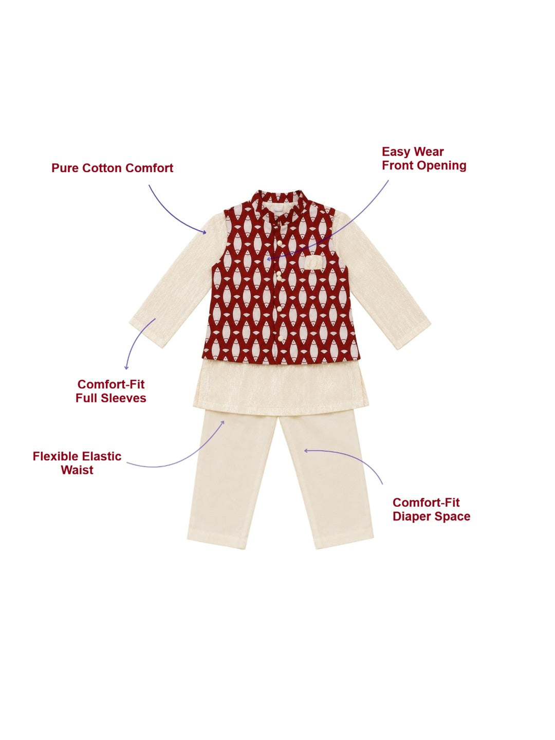 Pspeaches Baby Boy Off-White Ethnic Printed Cotton Lurex Straight Fit Kurta & Pyjama With Jacket ( Sku-Inb-Kp-Winelurex )