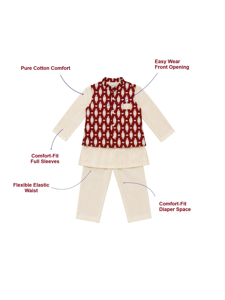 Pspeaches Baby Boy Off-White Ethnic Printed Cotton Lurex Straight Fit Kurta & Pyjama With Jacket ( Sku-Inb-Kp-Winelurex )