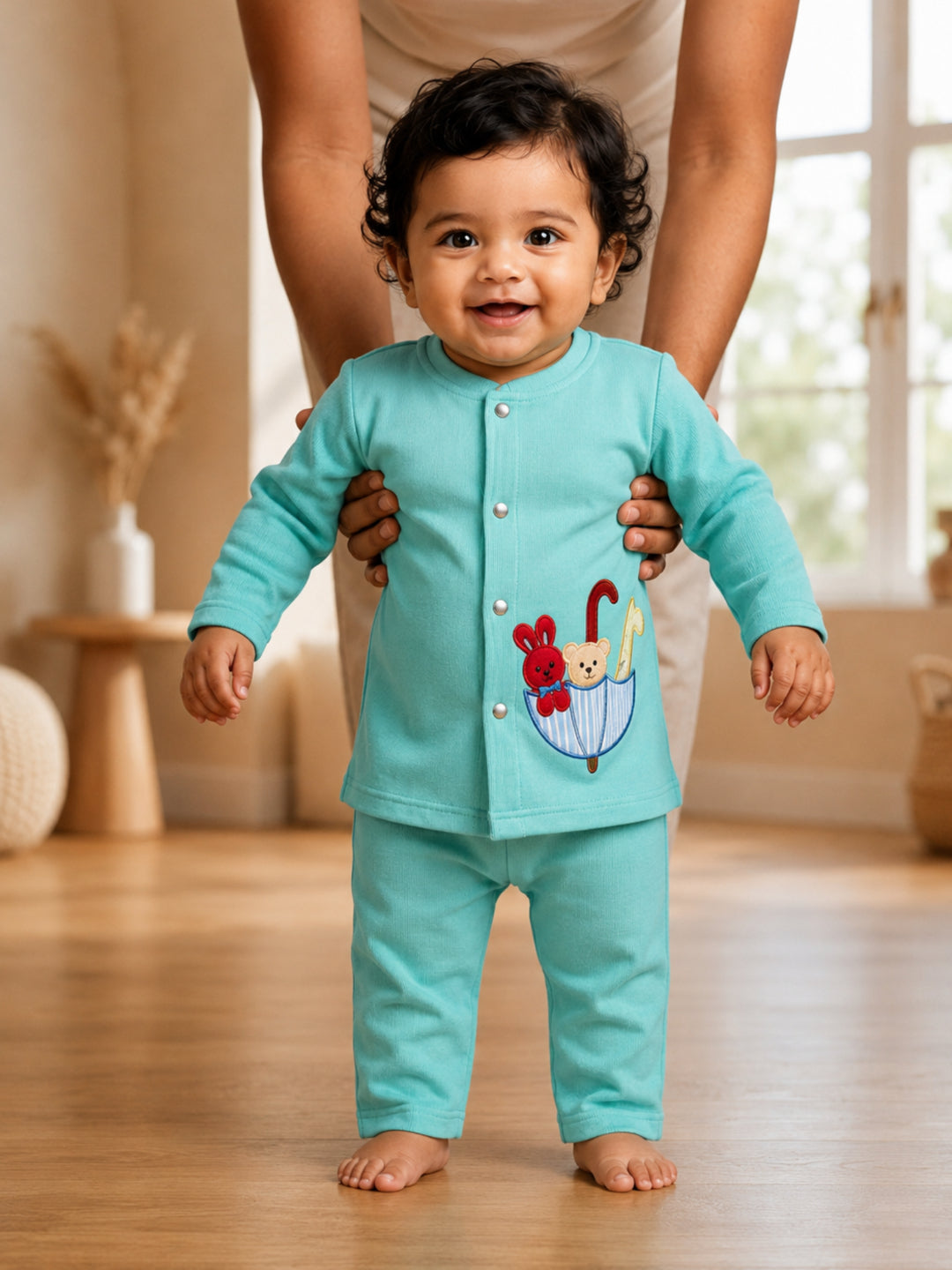 Pspeaches Baby Boy Turquoise Ethnic Solid Rib Straight Fit Top With Pant Set