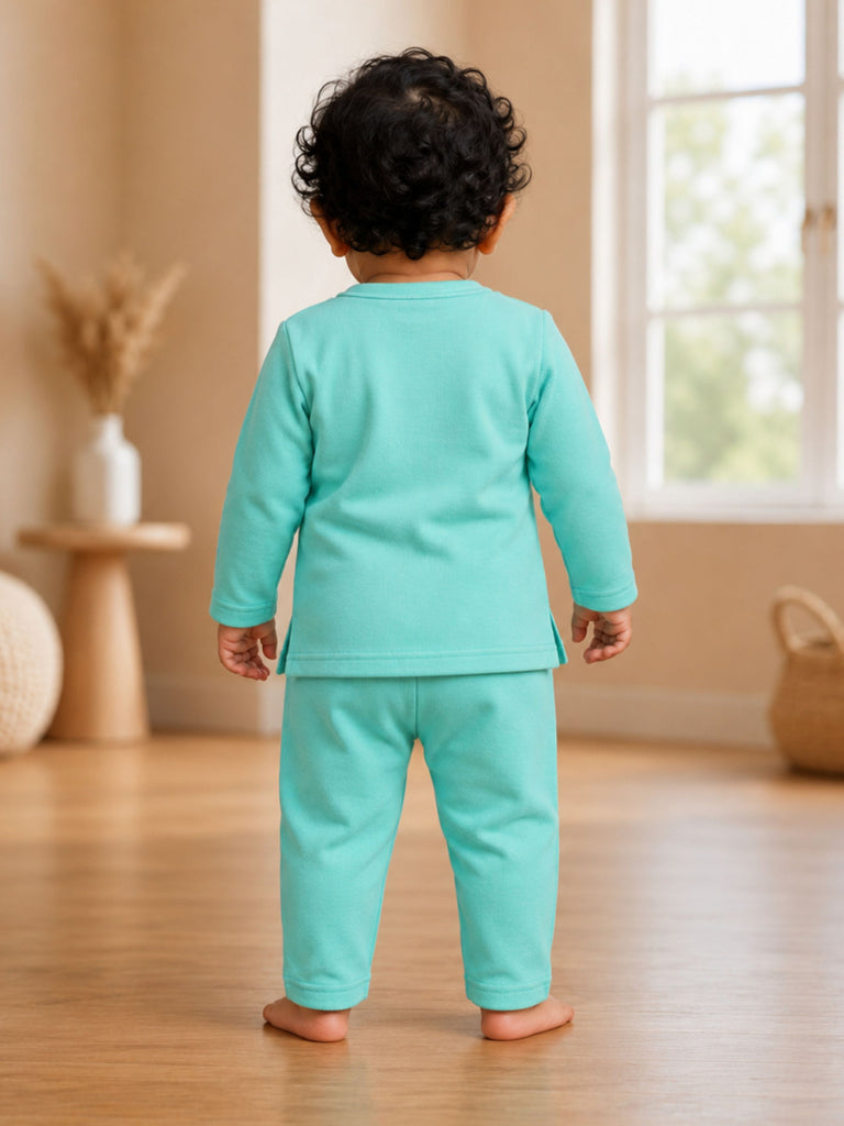 Pspeaches Baby Boy Turquoise Ethnic Solid Rib Straight Fit Top With Pant Set