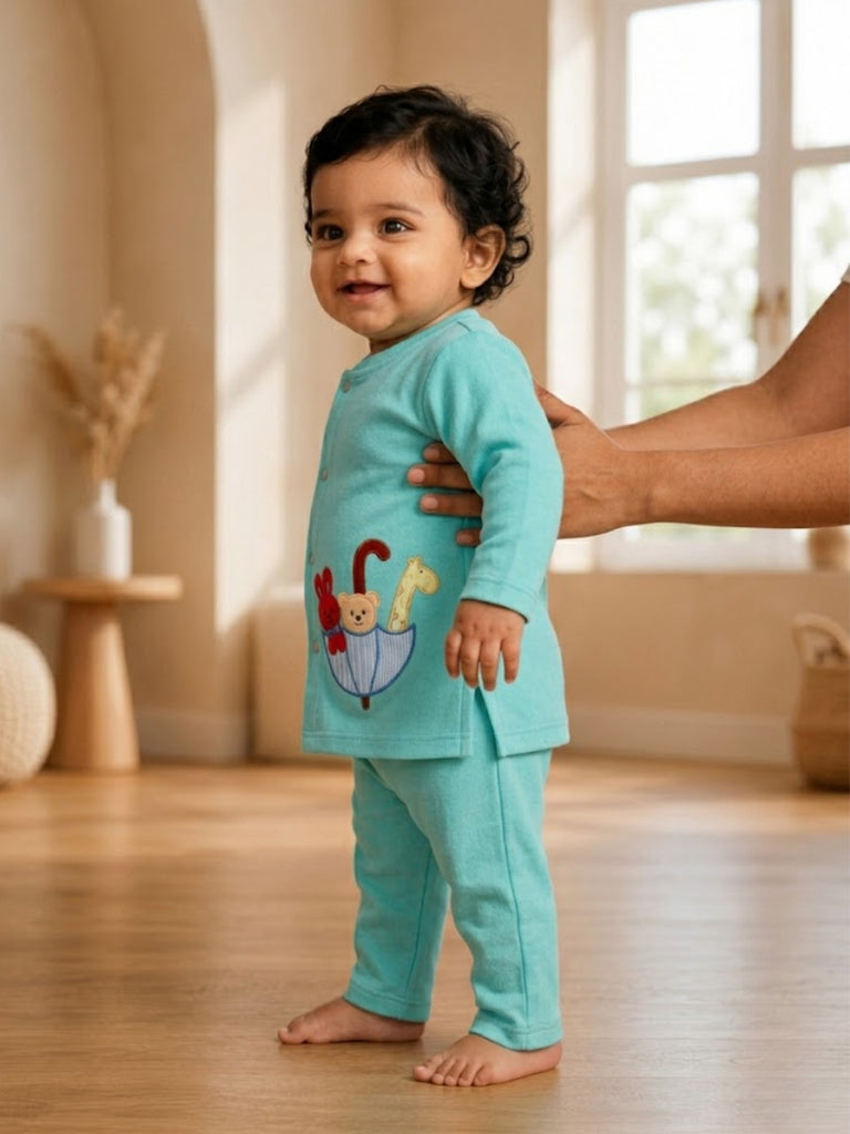 Pspeaches Baby Boy Turquoise Ethnic Solid Rib Straight Fit Top With Pant Set