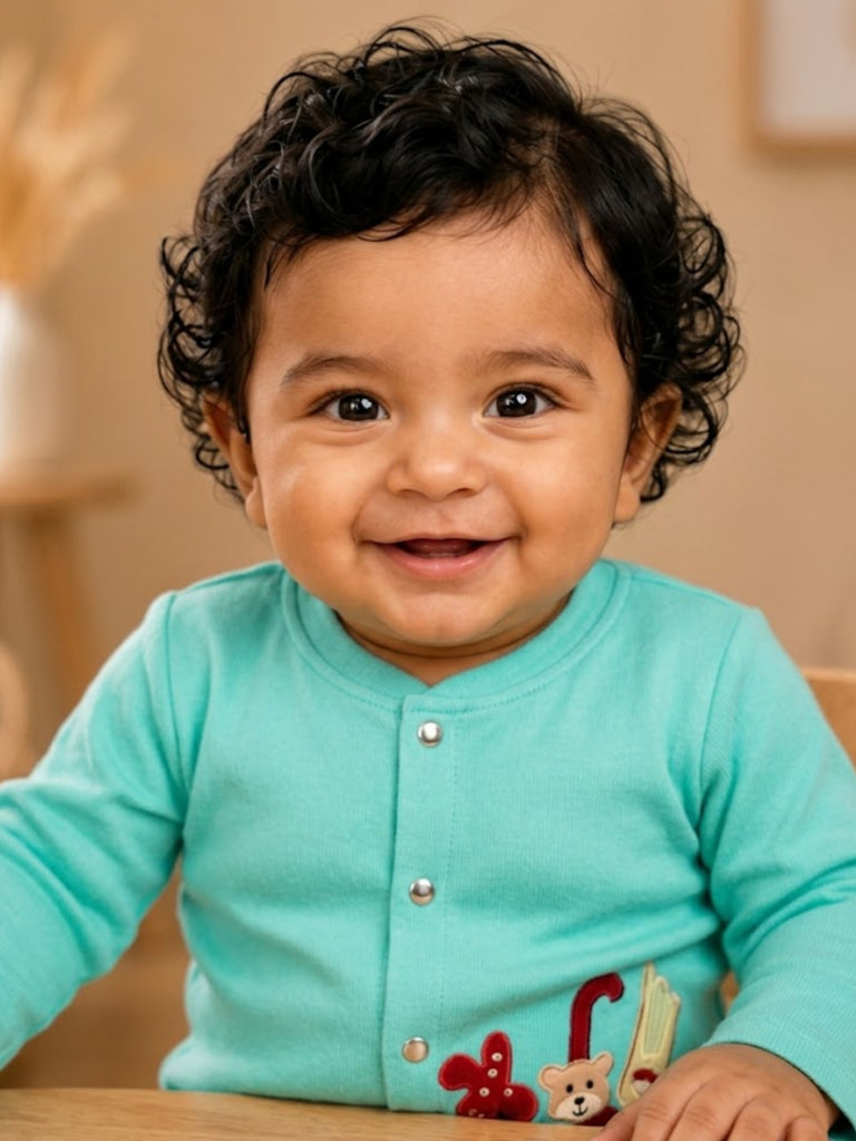 Pspeaches Baby Boy Turquoise Ethnic Solid Rib Straight Fit Top With Pant Set