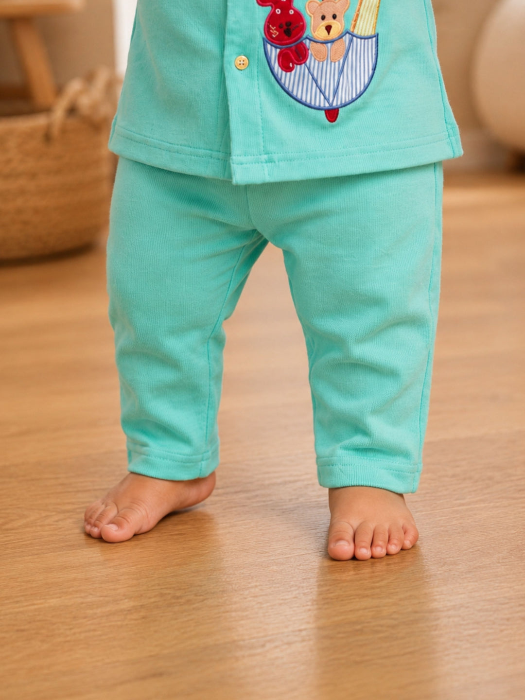 Pspeaches Baby Boy Turquoise Ethnic Solid Rib Straight Fit Top With Pant Set