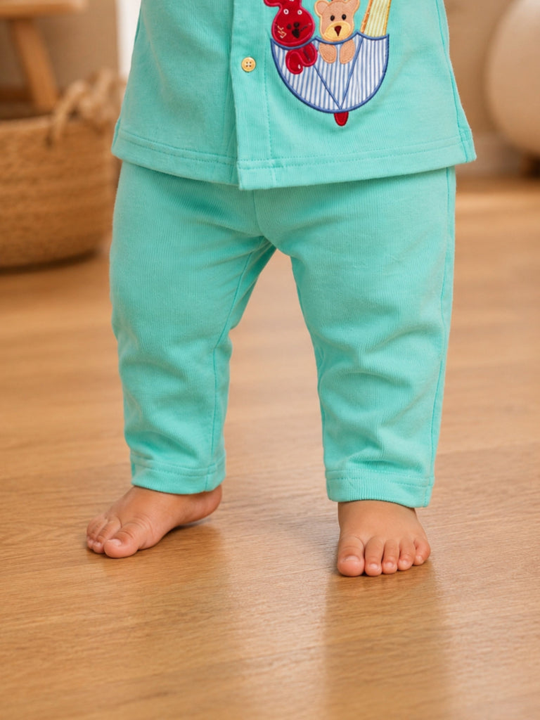 Pspeaches Baby Boy Turquoise Ethnic Solid Rib Straight Fit Top With Pant Set
