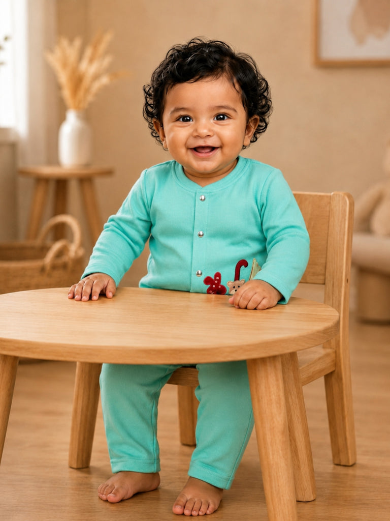 Pspeaches Baby Boy Turquoise Ethnic Solid Rib Straight Fit Top With Pant Set
