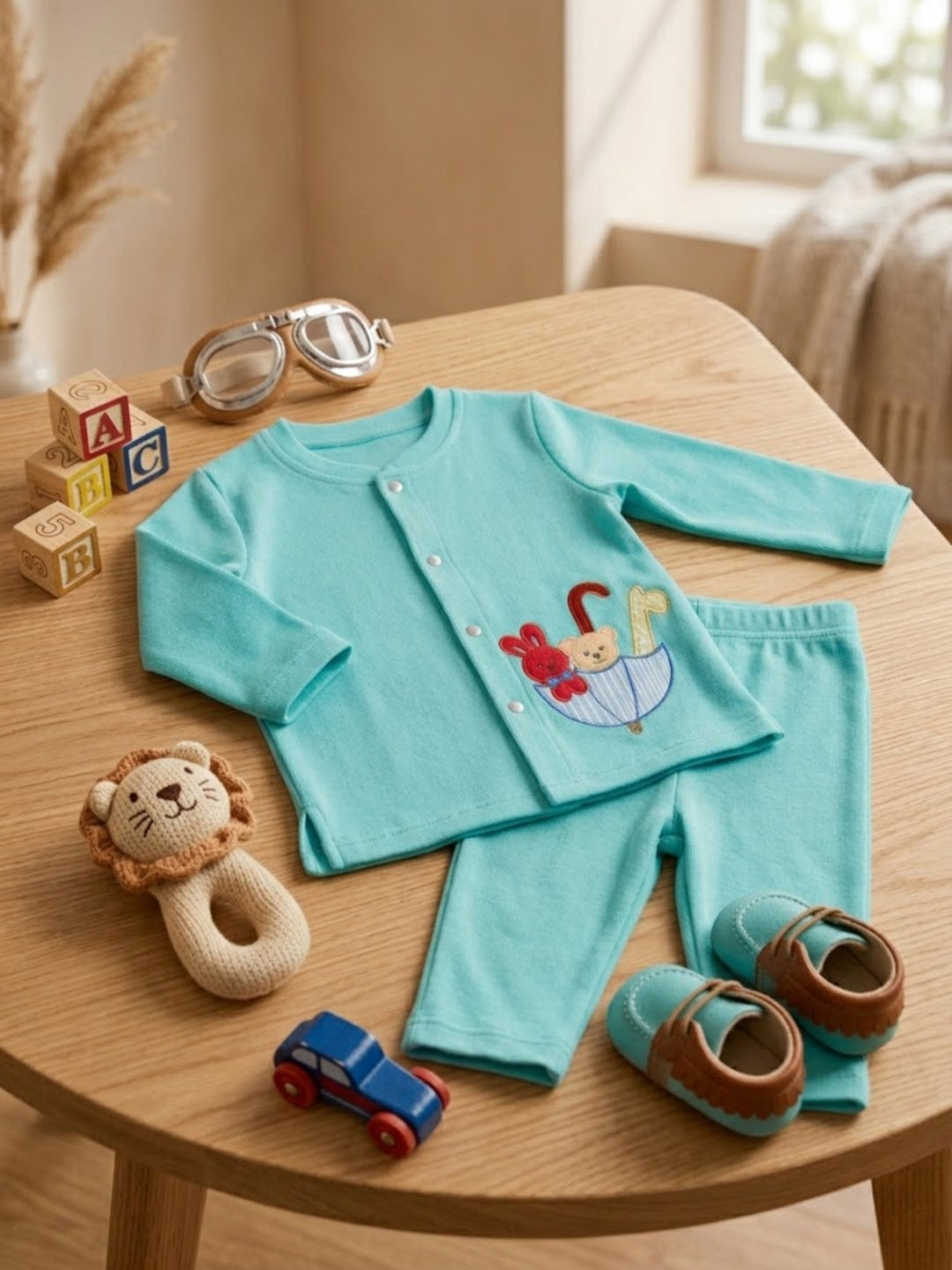 Pspeaches Baby Boy Turquoise Ethnic Solid Rib Straight Fit Top With Pant Set