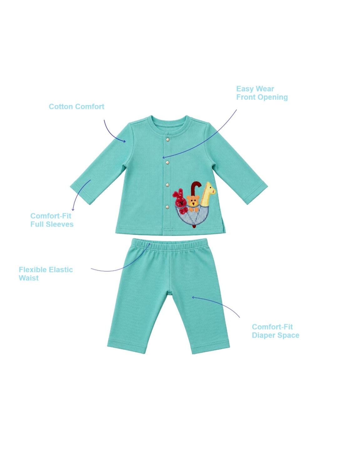 Pspeaches Baby Boy Turquoise Ethnic Solid Rib Straight Fit Top With Pant Set ( Sku-Inb-S-Coordaquablue )
