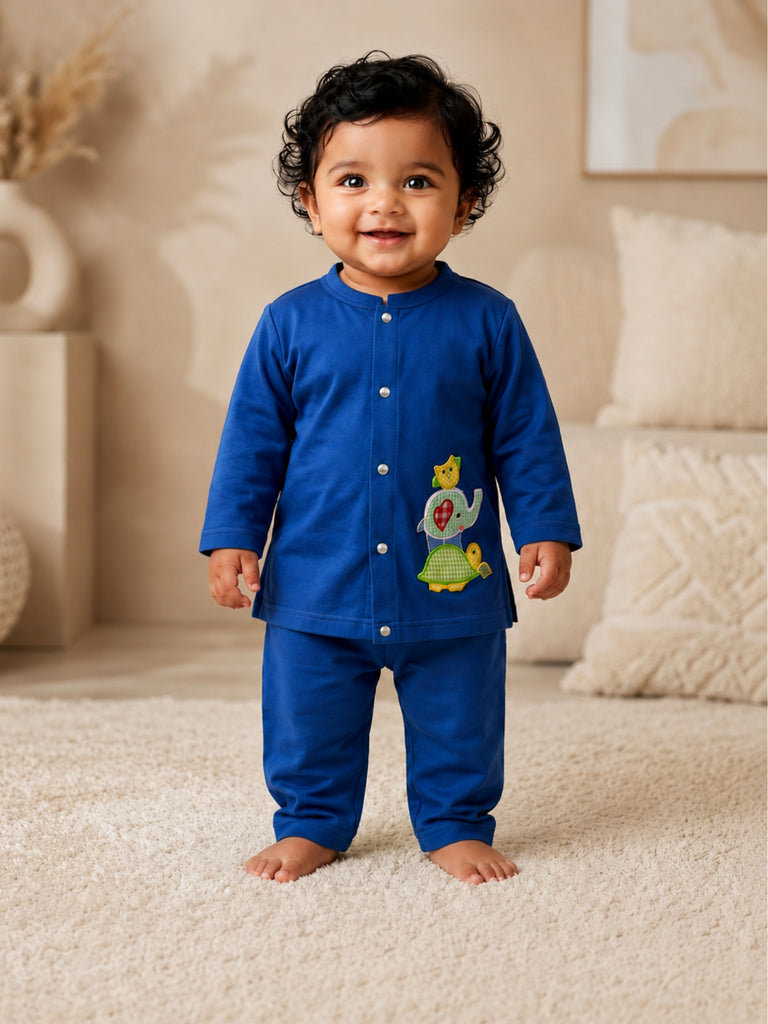 Pspeaches Baby Boy Blue Ethnic Solid Cotton Straight Fit Top With Pant Set