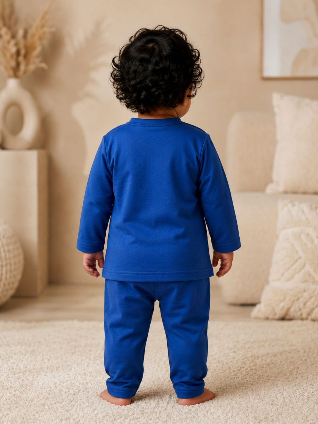 Pspeaches Baby Boy Blue Ethnic Solid Cotton Straight Fit Top With Pant Set