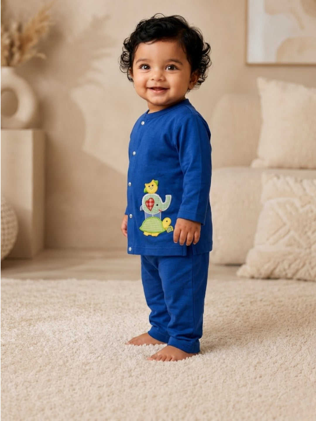 Pspeaches Baby Boy Blue Ethnic Solid Cotton Straight Fit Top With Pant Set