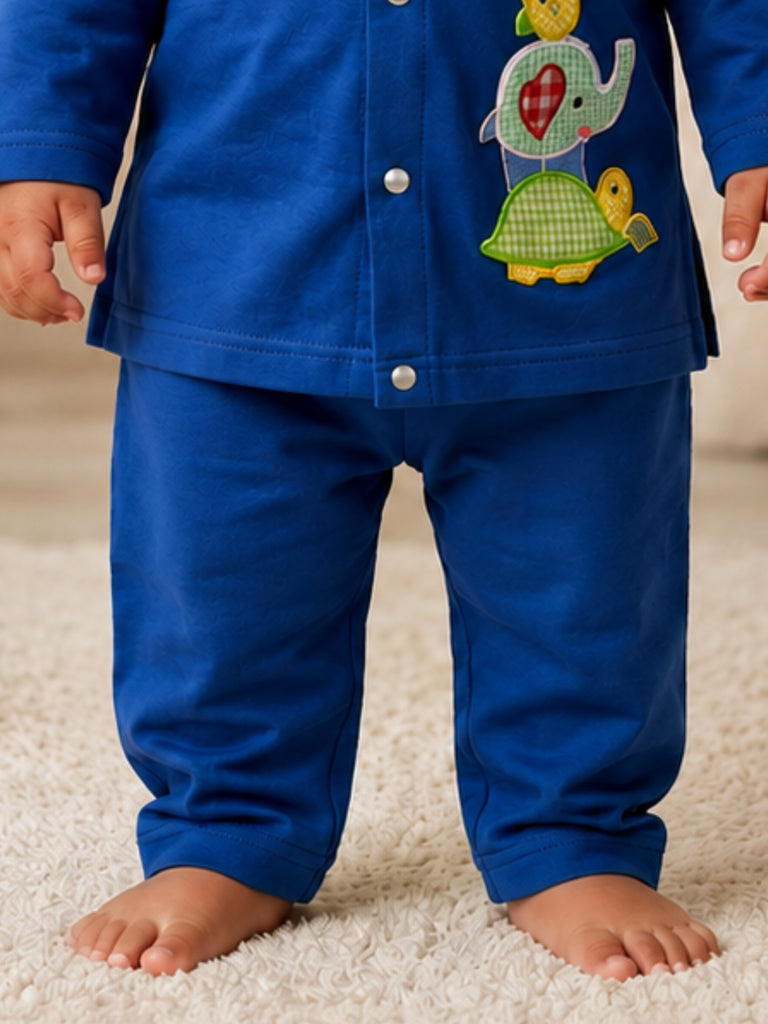 Pspeaches Baby Boy Blue Ethnic Solid Cotton Straight Fit Top With Pant Set