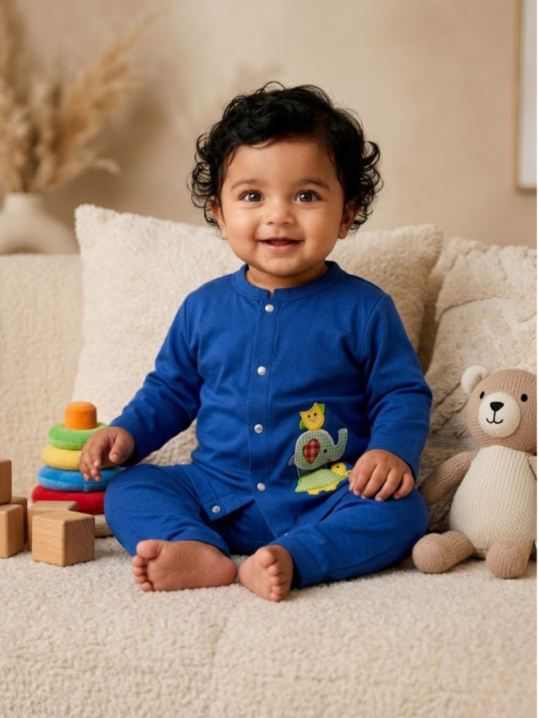 Pspeaches Baby Boy Blue Ethnic Solid Cotton Straight Fit Top With Pant Set