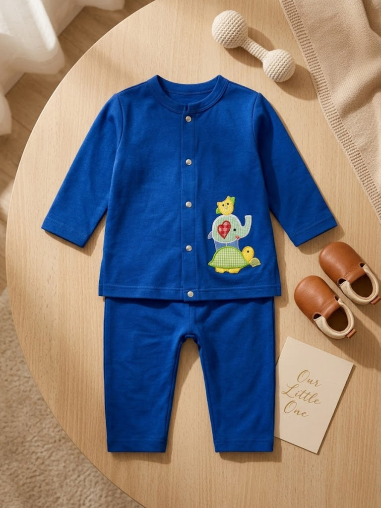 Pspeaches Baby Boy Blue Ethnic Solid Cotton Straight Fit Top With Pant Set