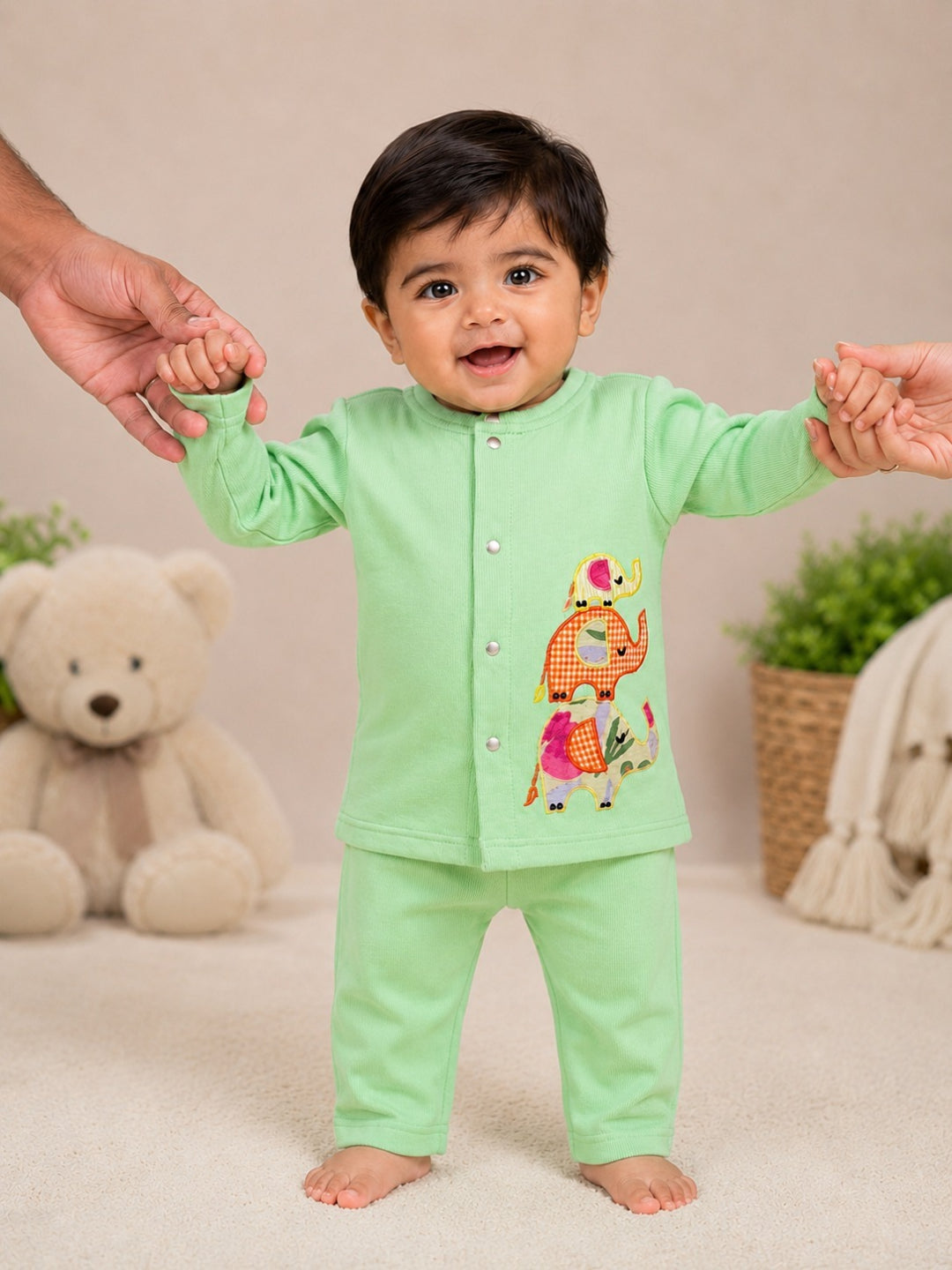 Pspeaches Baby Boy Lime Ethnic Solid Cotton Straight Fit Top With Pant Set
