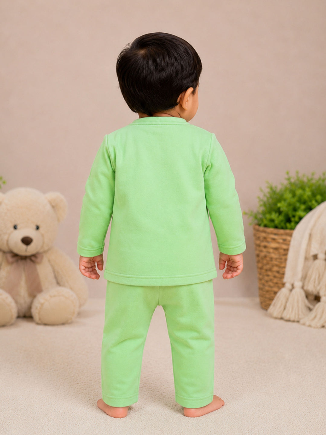 Pspeaches Baby Boy Lime Ethnic Solid Cotton Straight Fit Top With Pant Set