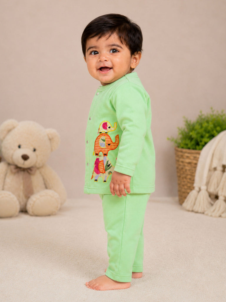 Pspeaches Baby Boy Lime Ethnic Solid Cotton Straight Fit Top With Pant Set