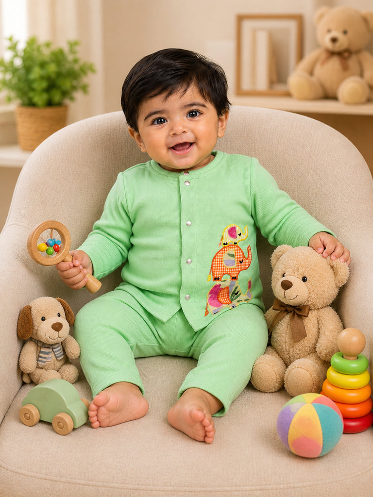 Pspeaches Baby Boy Lime Ethnic Solid Cotton Straight Fit Top With Pant Set