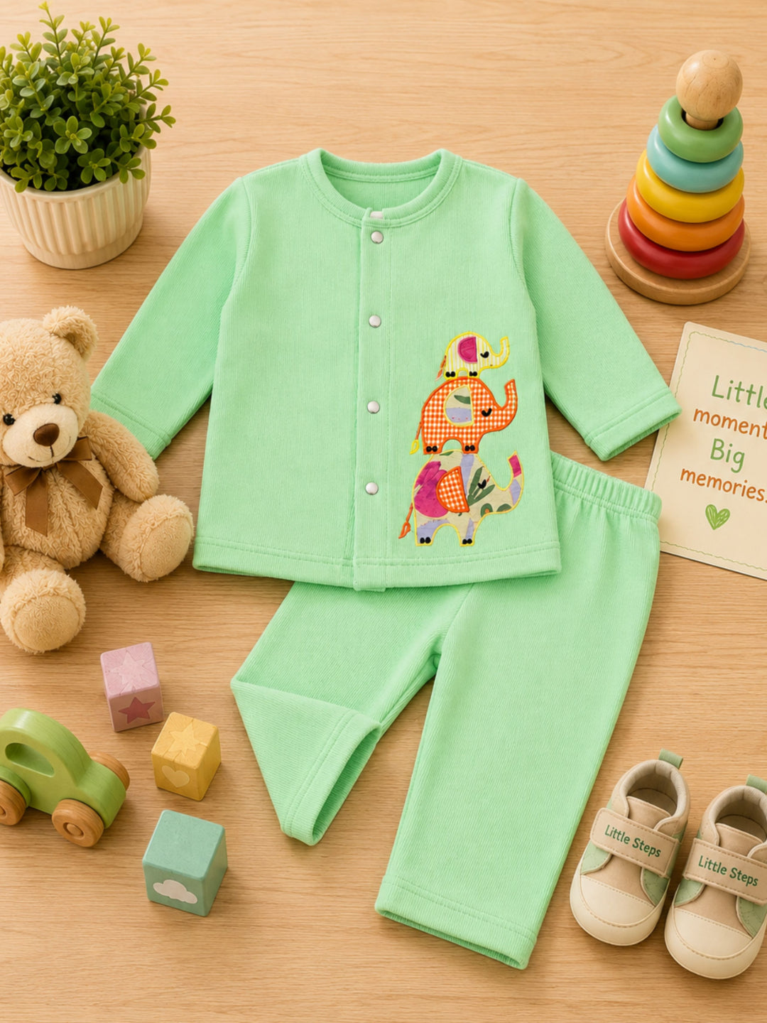 Pspeaches Baby Boy Lime Ethnic Solid Cotton Straight Fit Top With Pant Set