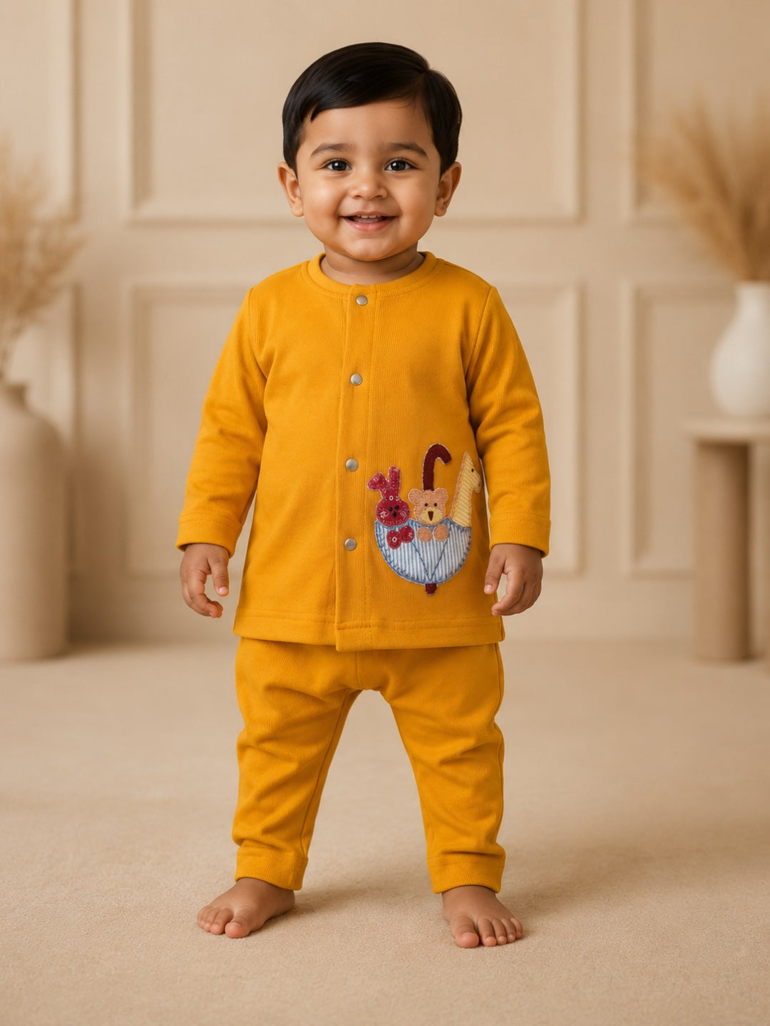 Pspeaches Baby Boy Mustard Ethnic Solid Cotton Straight Fit Top With Pant Set