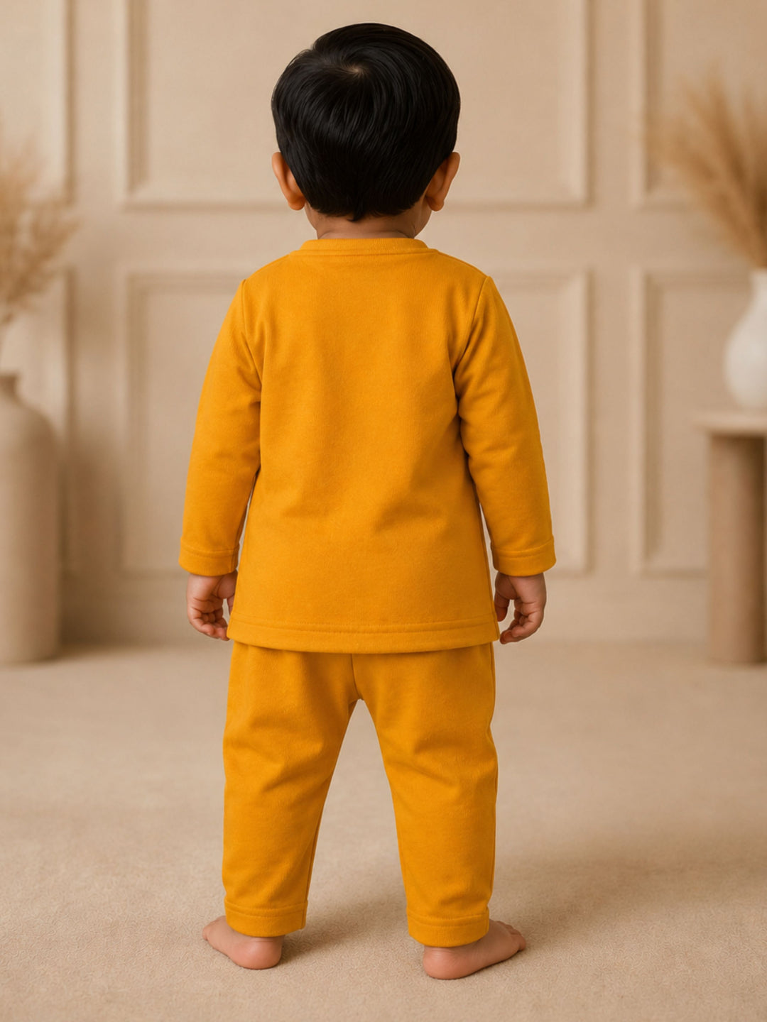 Pspeaches Baby Boy Mustard Ethnic Solid Cotton Straight Fit Top With Pant Set