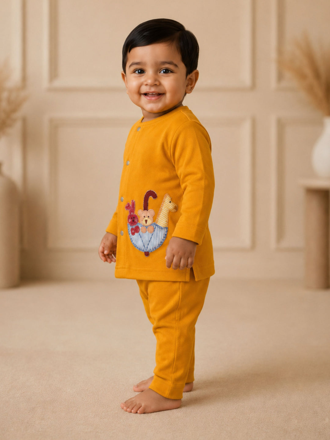 Pspeaches Baby Boy Mustard Ethnic Solid Cotton Straight Fit Top With Pant Set