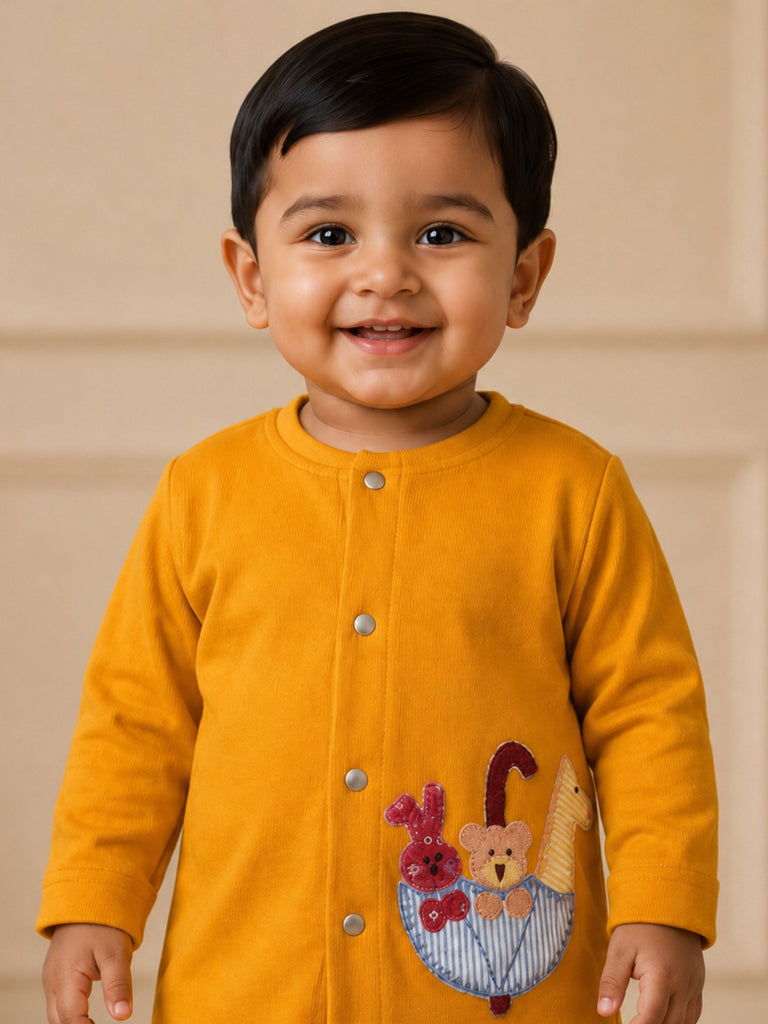 Pspeaches Baby Boy Mustard Ethnic Solid Cotton Straight Fit Top With Pant Set