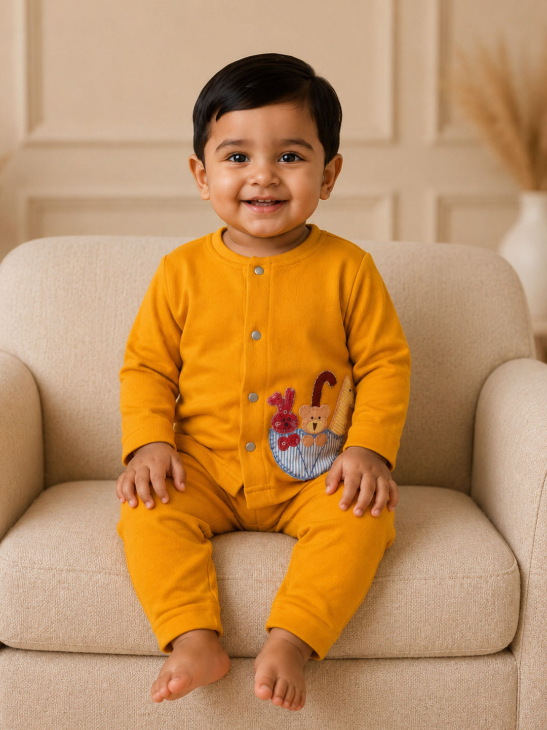 Pspeaches Baby Boy Mustard Ethnic Solid Cotton Straight Fit Top With Pant Set