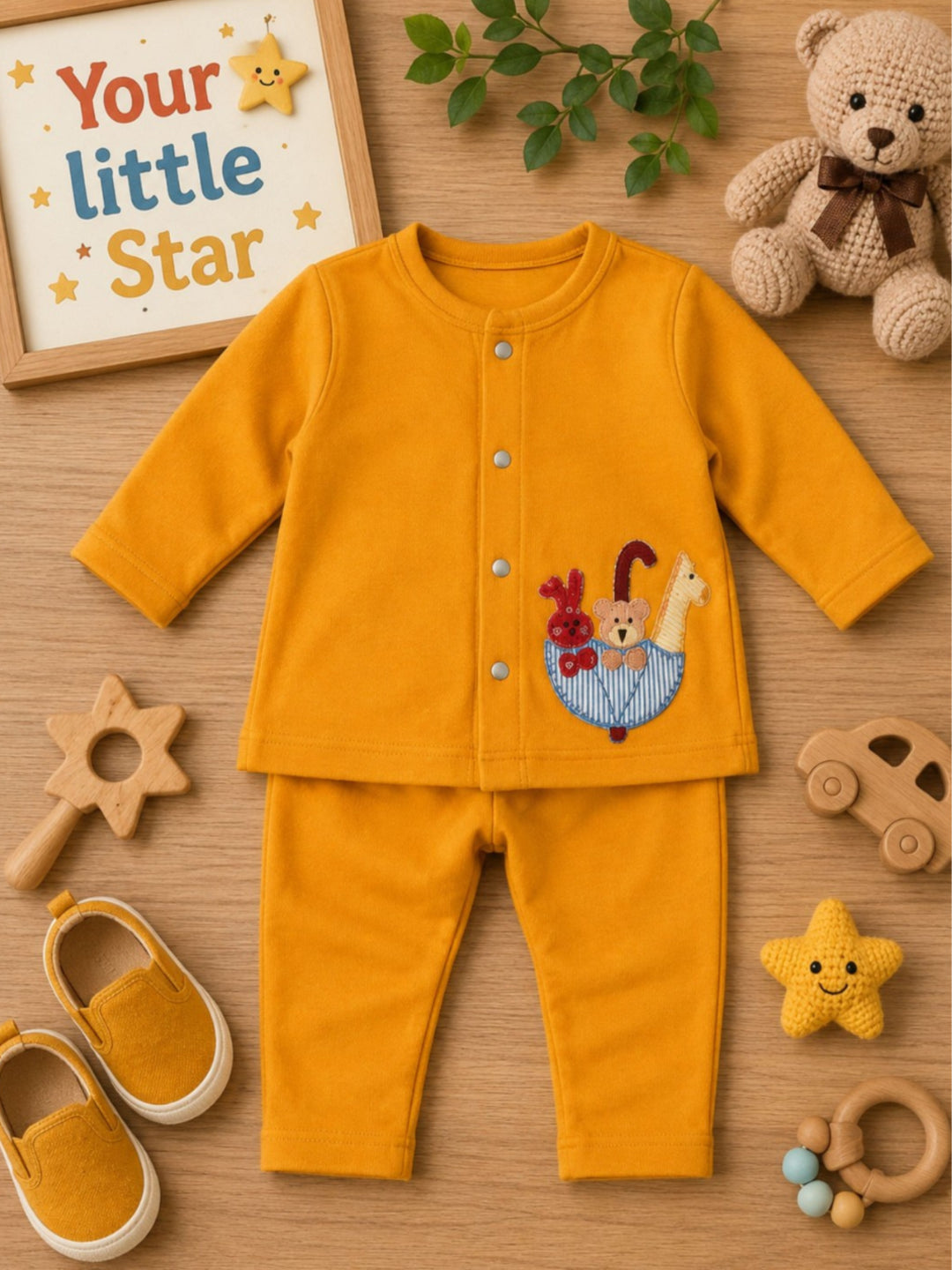 Pspeaches Baby Boy Mustard Ethnic Solid Cotton Straight Fit Top With Pant Set