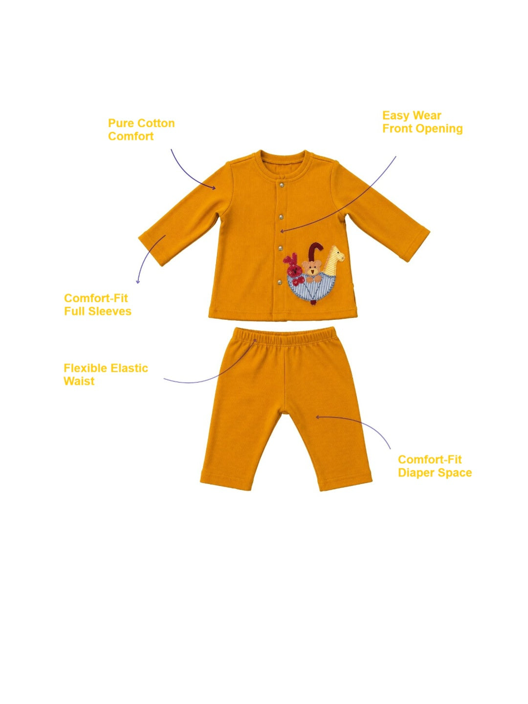 Pspeaches Baby Boy Mustard Ethnic Solid Cotton Straight Fit Top With Pant Set ( Sku-Inb-S-Coordmustard )