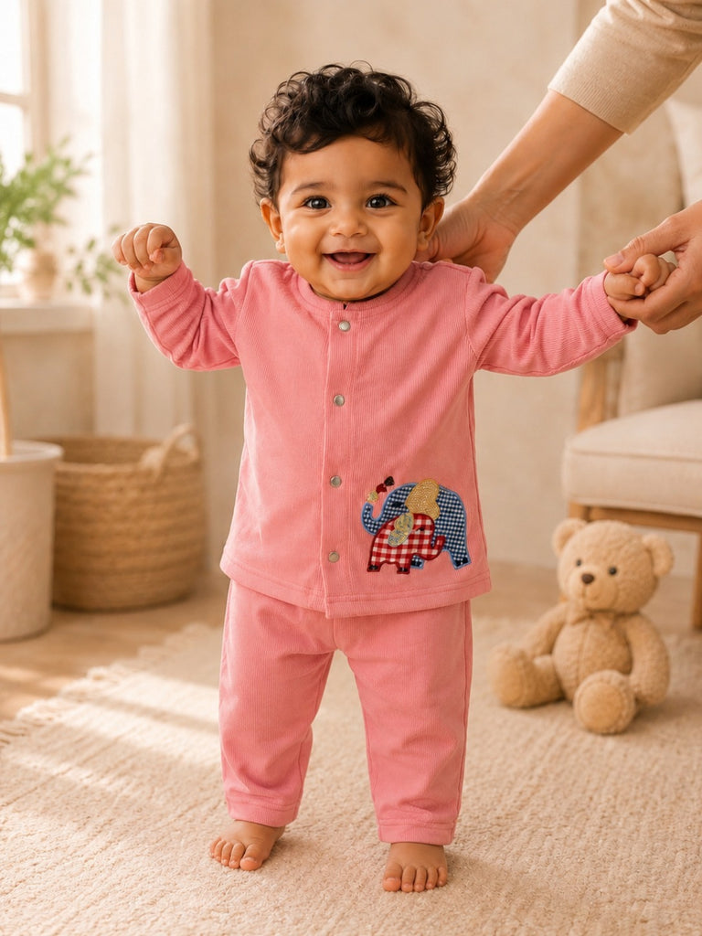 Pspeaches Baby Boy Peach Ethnic Solid Rib Straight Fit Top With Pant Set