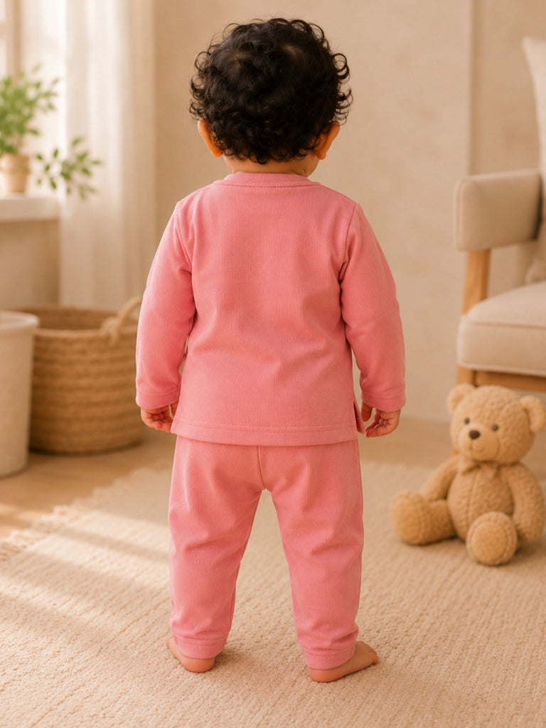 Pspeaches Baby Boy Peach Ethnic Solid Rib Straight Fit Top With Pant Set