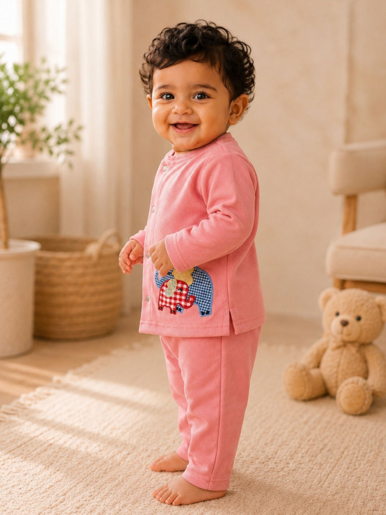 Pspeaches Baby Boy Peach Ethnic Solid Rib Straight Fit Top With Pant Set